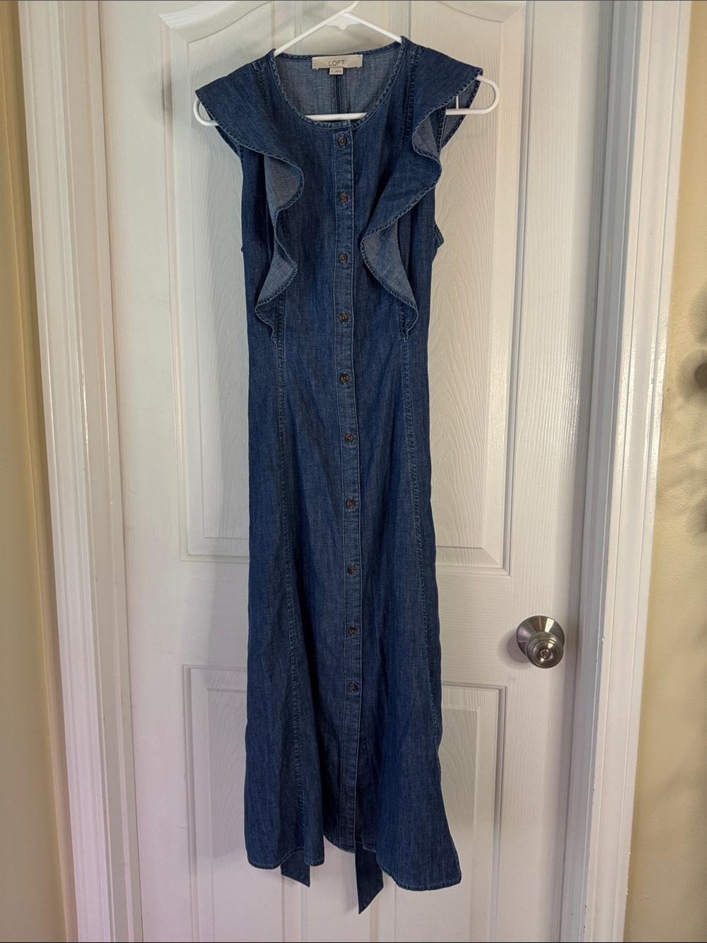 LOFT Denim Midi Dress in Dark Blue with Ruffle Sleeves